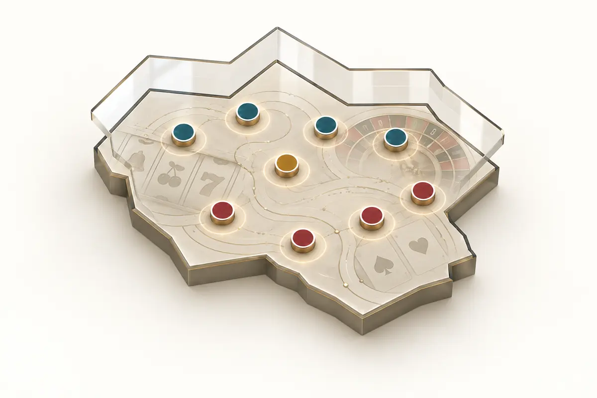 Carte tridimensionnelle de la Belgique sous verre miroir avec neuf marqueurs actifs de casinos de classe I et des mécaniques de jeu abstraites