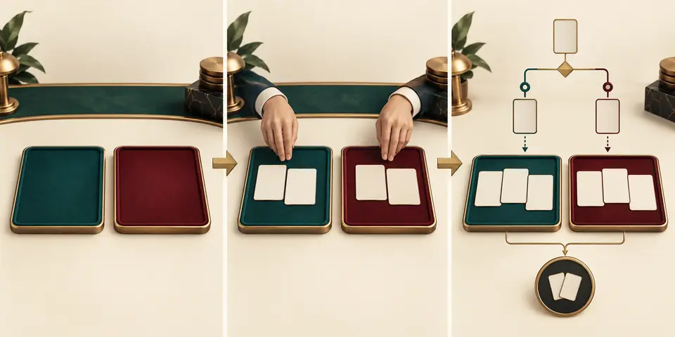 Diagramme éducatif du baccarat avec deux zones, distribution et règle fixe de troisième carte