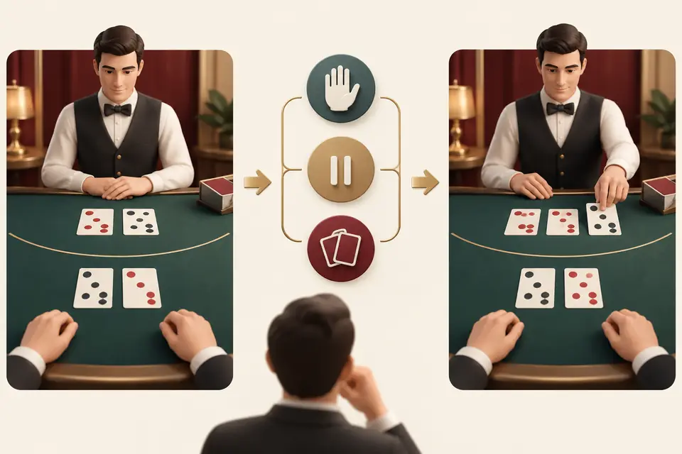 Diagramme éducatif du blackjack avec distribution, décisions abstraites et comparaison au croupier
