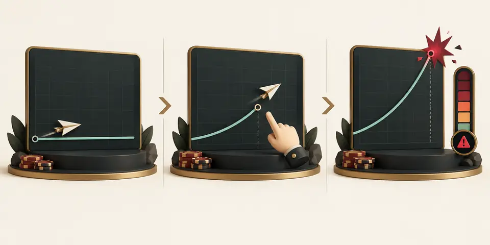 Generiek crashspel-risicodiagram met stijgende curve, uitstapmoment en abrupt stoppunt