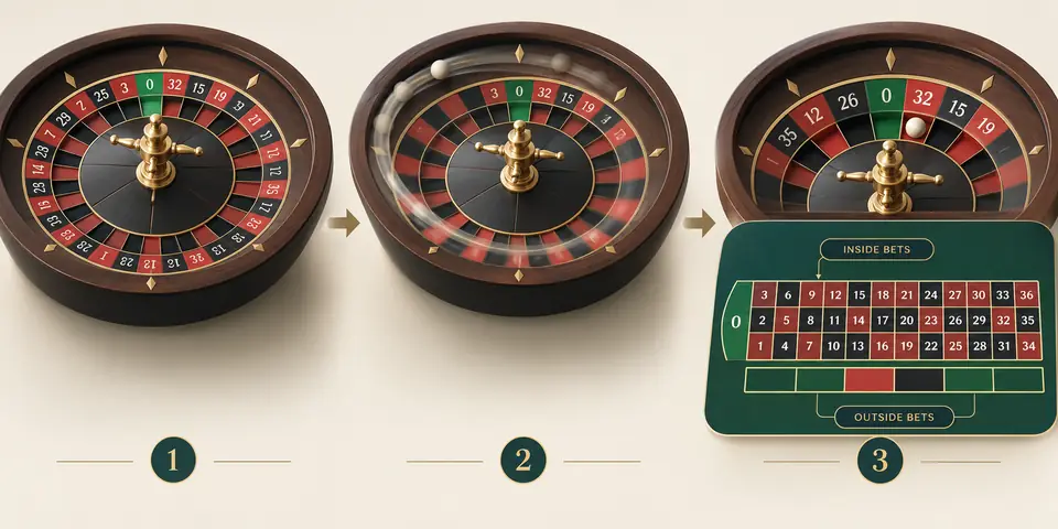 Diagramme éducatif d’une roulette européenne à un seul zéro vert, rotation et zones de mise