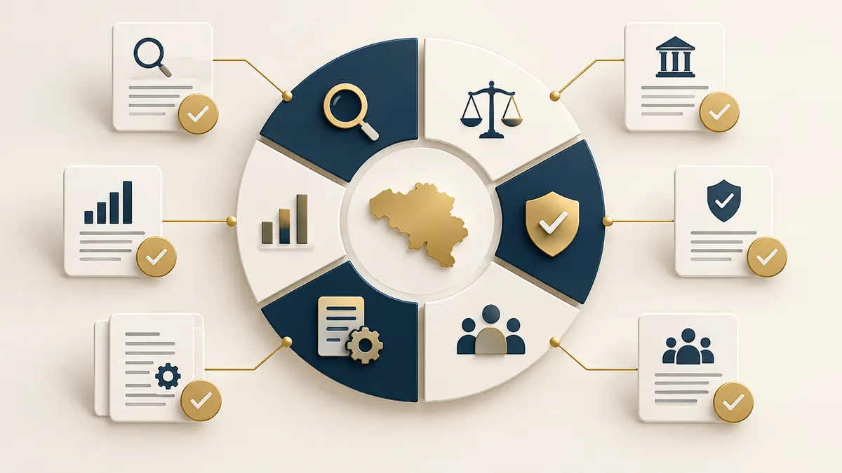 Six-part evidence framework surrounding a map of Belgium